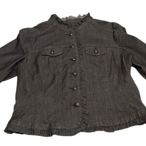 Sandro Dark Denim Ruffle Button Front Jacket Women's Size Large Feminine Office